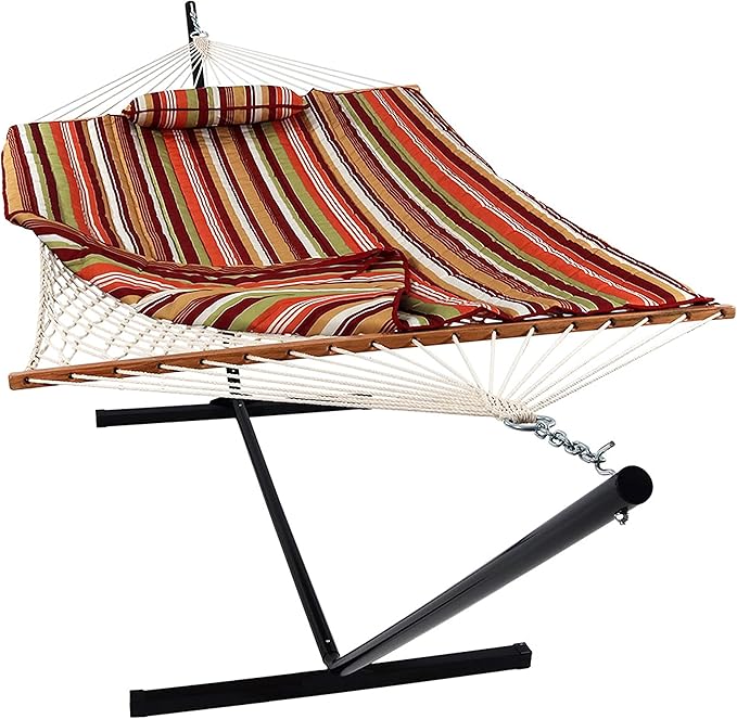 Sunnydaze Rope Hammock with Stand for Outside- 275-Pound Capacity - Includes 12-Foot Hammock Stand, Spreader Bar, Pad, and Pillow - Tropical Orange