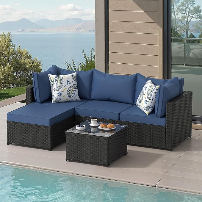 Patio Furniture Set, 5PCS Outdoor Sectional with Ottoman Wicker Rattan Patio Couch with Thickened Cushion Modular Wicker Patio Conversation Set with Glass Top Table for Balcony, Backyard (Navy Blue)