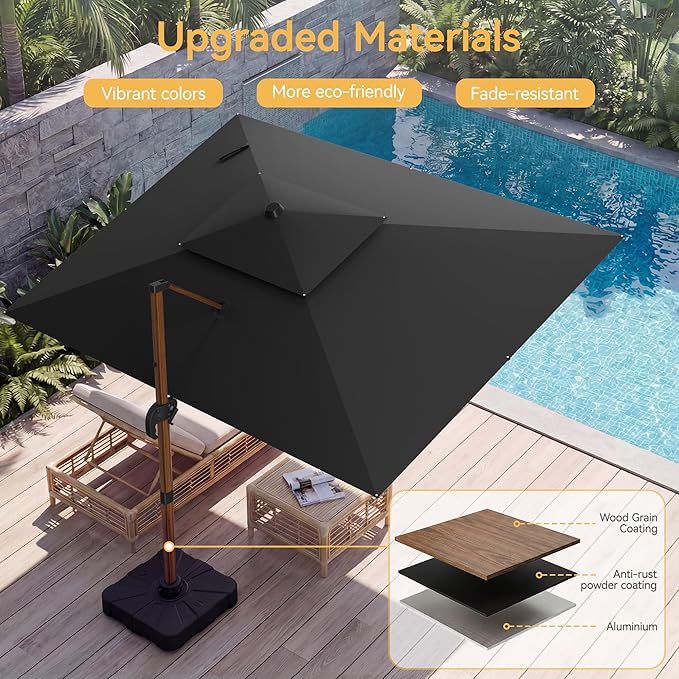 10x13 FT Wood Pattern Patio Umbrella, Large Deluxe Cantilever Rectangular Double Top Heavy Duty Offset Umbrellas with 360° Rotation, Outdoor shade for Garden Deck Pool Patio, Black
