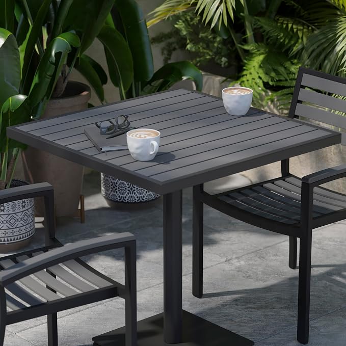 BizChair Commercial Outdoor Patio Bistro Dining Table - Faux Gray Wash Teak Poly Slats - 30" Square