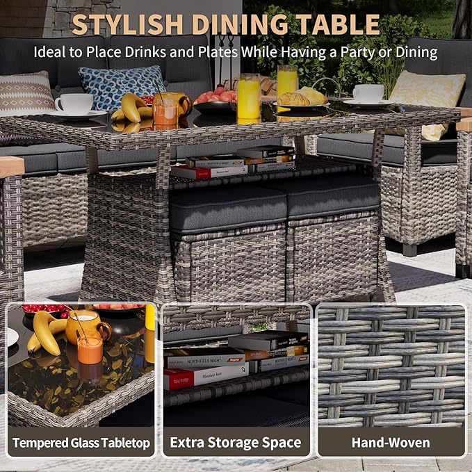MEISSALIVVE 8 Pieces Patio Furniture Sets, PE Wicker Outdoor Conversation Sets with 2 Wood Armrests Swivel Rocker Chairs, 2 Fixed Single Chairs, 2 Ottomans and Dining Table(Grey)