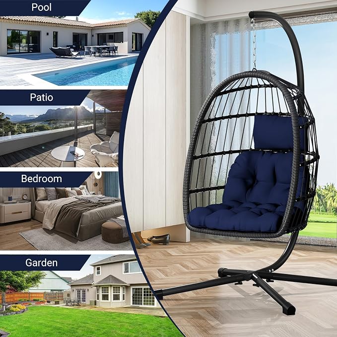 CHABATREE Egg Chair with Stand,Patio Rattan Wicker Hanging Swing Egg Chair Hammock Chair for Porch Garden,Thickened Aluminum Alloy Steel Frame and UV Resistant Cushion,350LBS Capacity(Dark Blue)