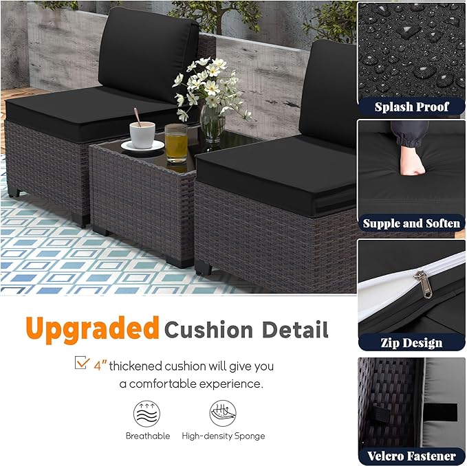 Patio Furniture Set 6 Pieces Outdoor Sectional Sofa Set,PE Rattan Wicker Patio Conversation Set with Thickened Cushions and Glass Coffee Table,Black