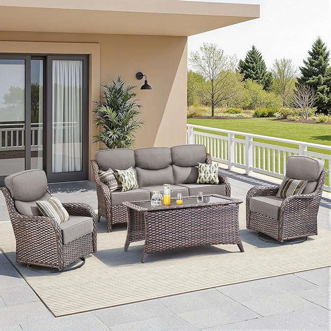 Luxury 4 Pieces Patio Furniture Set-Outdoor Swivel Rocker Patio Chairs with 6" Extra Thick Cushions, High Back Outdoor Couch and Coffee Table, Wicker Conversation Sets for Porch Deck(Brown/Grey)