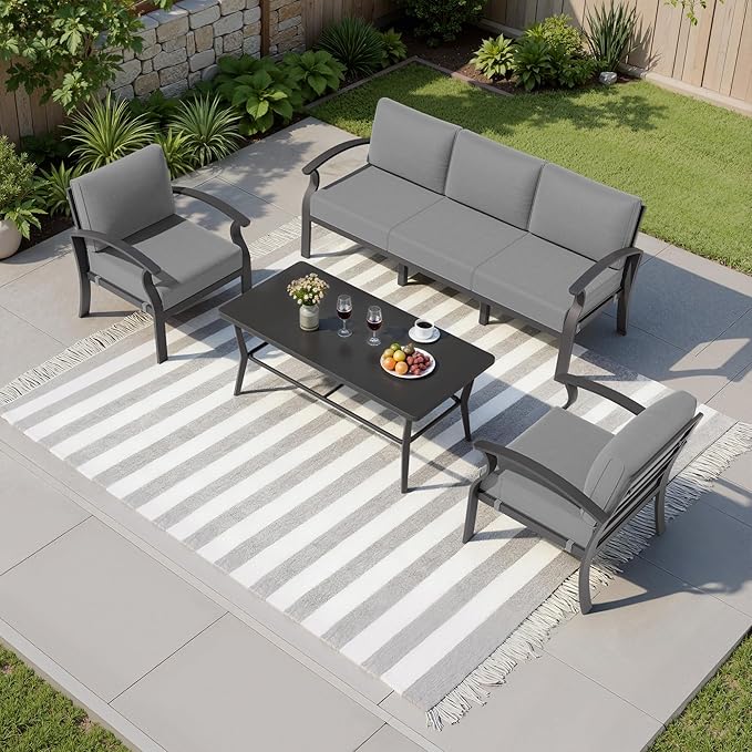 Kullavik Aluminum Patio Furniture Set with Rectangular Coffee Table,5-seat Metal Outdoor Sectional Furniture w/5.1" Cushions,Patio Conversation Sets for Garden,Backyard,Porch-Grey