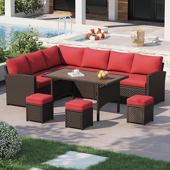 U-MAX 7 Pieces Patio Furniture Set with Waterproof Cover, Outdoor Sectional Sofa Conversation Set, All Weather Wicker Rattan Dining Table & Chair with Ottoman, Brown Rattan&Red Cushion