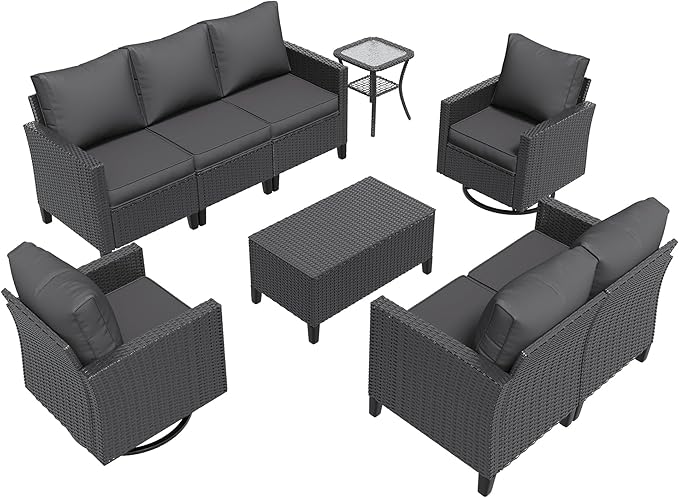 Amopatio Patio Furniture Set, 6-Piece Wicker Outdoor Sectional Sofa with Swivel Rocker Chairs, Rattan Conversation Set with Storage Coffee Table and Waterproof Cover for Backyard Black/Dark Grey