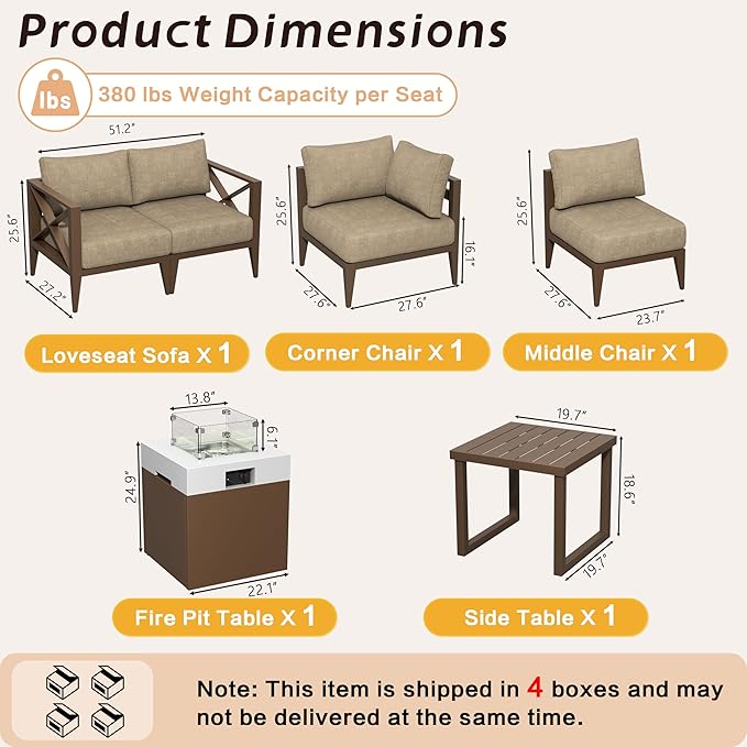 MBY 5-Seat Aluminum Patio Conversation Set with Corner Sofa & 37,000 BTU Fire Pit Table, All-Weather Outdoor Sectional Furniture with Glass Wind Guard – Brown for Balcony, Backyard, Garden