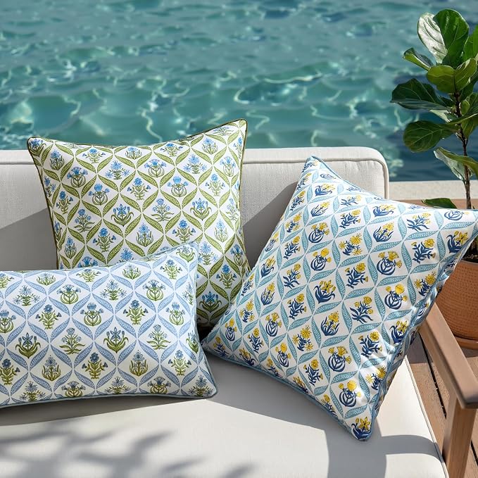 ANRODUO Floral Outdoor Waterproof Pillow Covers Set of 2 Yellow 16x16 Inch | Square Block Print Decorative Cushion Cases With Refined Edge Piping for Summer Patio Porch Garden Couch Sofa Bench Decor