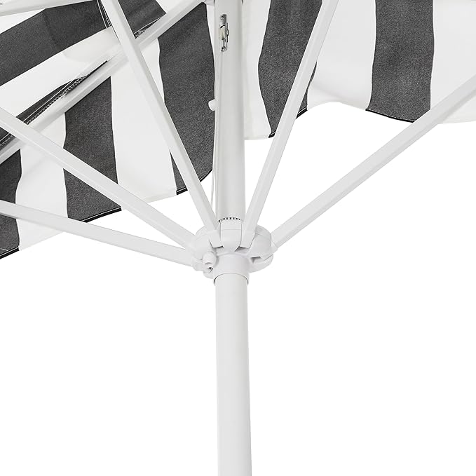 JONATHAN Y Beverly 9 ft. Coastal Black and White Striped Half Patio Umbrella with Scalloped Fringe, Crank Lift, and Manual Tilt for Balcony, White Pole UMB1201H