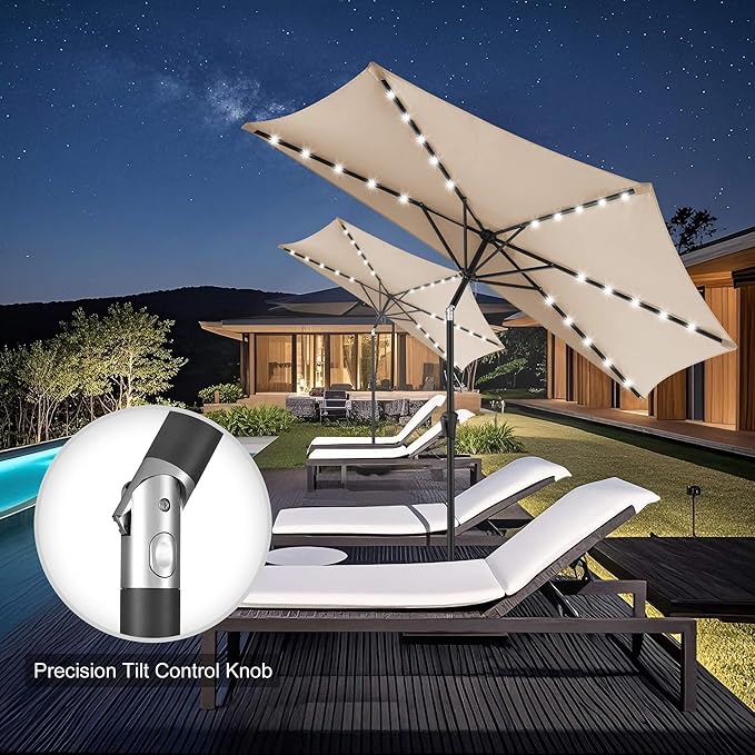 FLAME&SHADE 9 FT Solar Half Patio Umbrella with 25 LED Lights, Half Outdoor Umbrella with Button Tilt, Half Round Table Umbrella For Deck, Backyard, Balconies, Decks, Rvs, UV Protection (Beige)