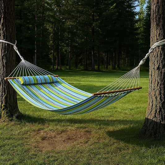 HomeRoots 643963 Striped Double Hammock Aqua & Lime Green
