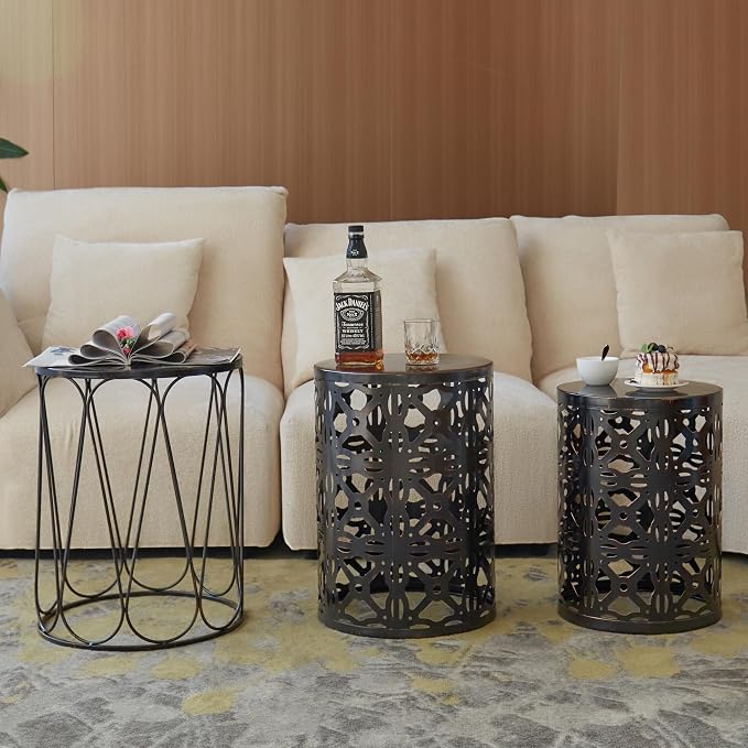 Y&M Set of 3 Metal Round Patio Side Tables, Multifunctional Coffee Table End Table for Indoor & Outdoor Garden Stool Modern Design - Black with Bronze