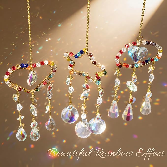 3 Pcs Crystal Suncatcher Rainbow Maker Star Heart Moon Window Decor | Star Heart Moon Crystal Suncatcher Rainbow Prism Pendant Hanging for Window Indoor Garden Car Home Display Decor