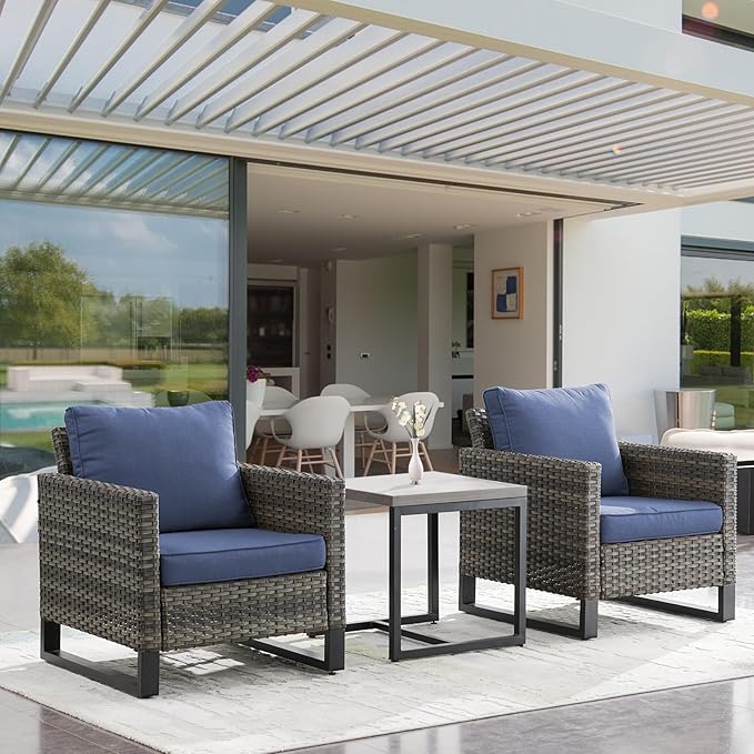Rilyson Wicker Outdoor Patio Chairs Set - 3 Piece Rattan Patio Furniture Bistro Chairs Set with Waterproof Wicker,Comfortable Cushions and Sturdy Metal Frame for Porch Deck Backyard(Mixed Grey/Blue)