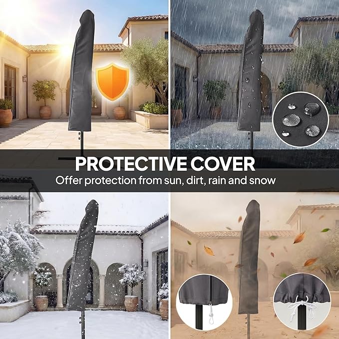Outsunny 10 ft Cantilever Patio Umbrella with Solar LED Light, Sandbag Weight, Offset Hanging Outdoor Market Umbrella with Protective Cover, Crank and Tilt
