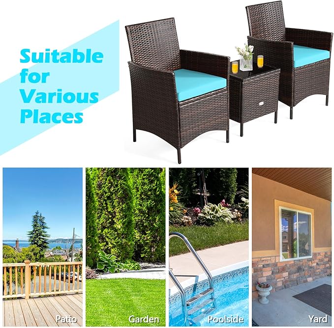 3 Pieces Patio Furniture Set, Wicker Outdoor Furniture with Water-Resistant Cushion & Tempered Glass Top Table, Conversation Set Bistro Set for Porch, Balcony, Backyard (Turquoise)