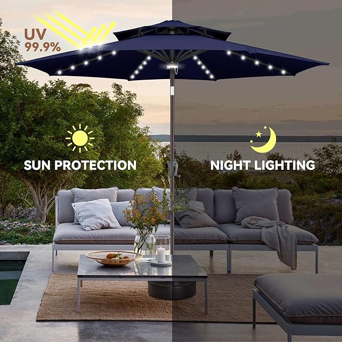9ft Solar Umbrella Outdoor - 2 Tiers Lighted Solar Patio Umbrella with 40 LED Lights Waterproof UV Protection, Table Umbrella with Tilt for Pool, Porch, Garden, Backyard (Navy Blue)