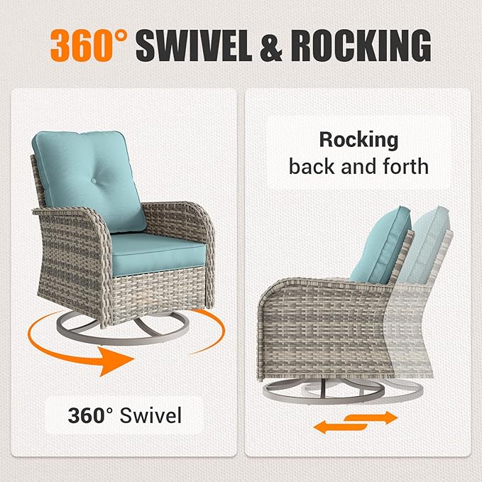 13-Piece Outdoor Patio Furniture Set with Rocking Swivel Chair, Wicker Rattan Sectional Sofa Conversation Set with 55,000 BTU Fire Pit Table with Ottomans, Backyard Furniture, Light Blue