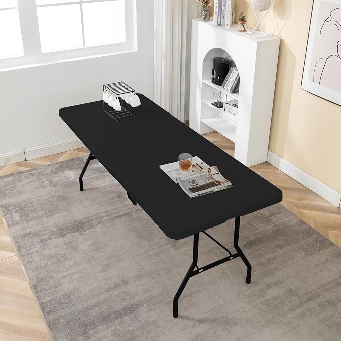 BTEXPERT Set of 10, Fold-in-Half Folding Utility Table 6 Feet 72" x 29.5" Lightweight Portable Carrying Handle Indoor Outdoor Picnic Camping Office Home Party Wedding Event Black