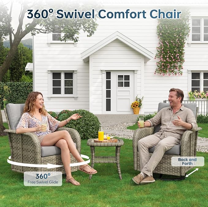 LazySunsets Luxury 12-Piece Patio Furniture Set with 44'' Fire Pit Table, 360° Swivel Chairs, Wicker Rattan Sofa & Thick Cushions, Outdoor Conversation Set for Backyard, Poolside & Garden, Beige/Gray
