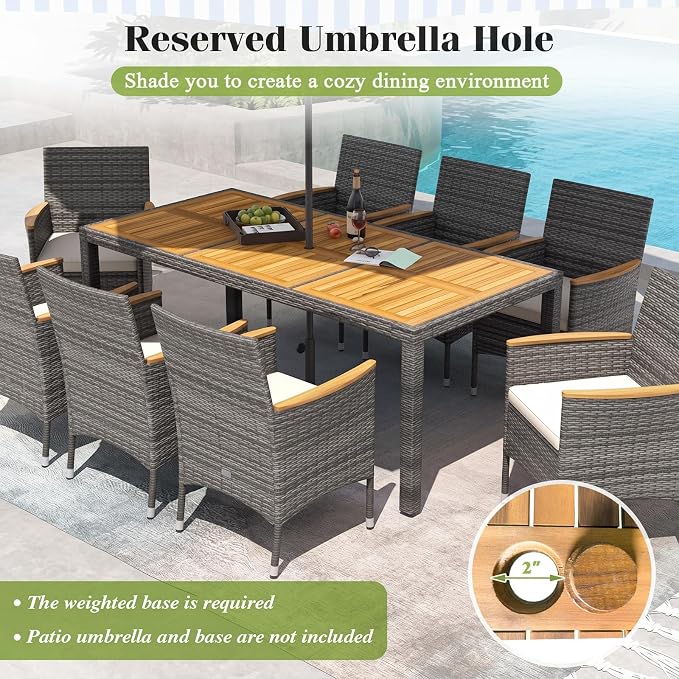 Tangkula 9 Pieces Outdoor Wicker Dining Set, Patio Dining Furniture Set with Acacia Wood Table and 8 Armchairs, Outdoor Table and Chairs Set with 1.96” Umbrella Hole and Cushions