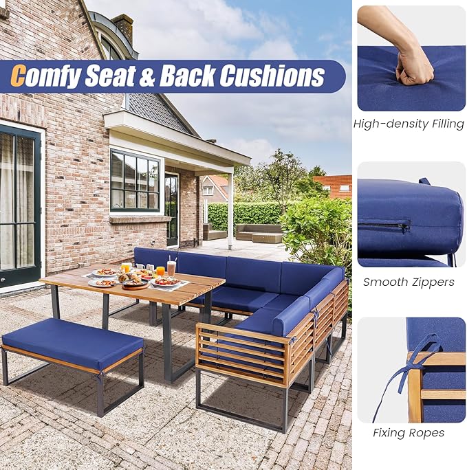 Tangkula Patio Dining Set for 8, Acacia Wood Heavy Duty L Shaped Outdoor Sectional Sofa Set with Soft Padded Cushions, for Backyard Poolside Deck Garden (Navy Blue)