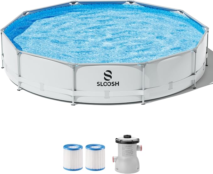 SLOOSH Round Above Ground Pool - 10ft x 30inch Outdoor Round Frame Above Ground Swimming Pool Set Kiddie Pool for Kids Adults with Filter Pump