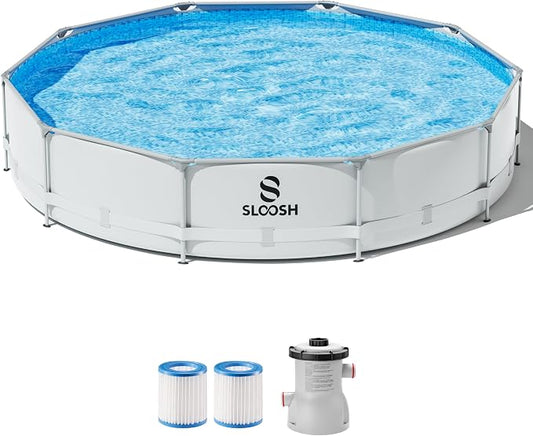 SLOOSH Round Above Ground Pool - 10ft x 30inch Outdoor Round Frame Above Ground Swimming Pool Set Kiddie Pool for Kids Adults with Filter Pump