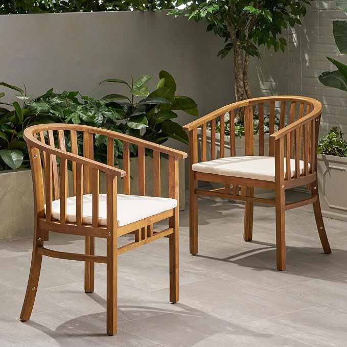 Merax Patio Armchairs Set of 2 Acacia Wood Outdoor Dining Chairs with Curved Back & Armrest & Water-Resistant Cushions for Porch Deck Garden Backyard, Teak Finish