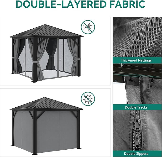 YITAHOME 10X10FT Metal Hardtop Gazebo Outdoor Patio Single Top Canopy Galvanized Iron Aluminum Column Garden Tent Curtains Netting for Backyards Decks Lawns,Gray
