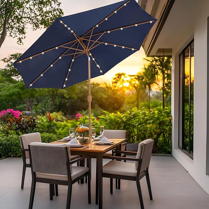 Sunnydaze 8.5 ft Outdoor Patio Umbrella with Push Button Tilt and Crank - Faux Woodgrain Finish - Large Vented Market Umbrella