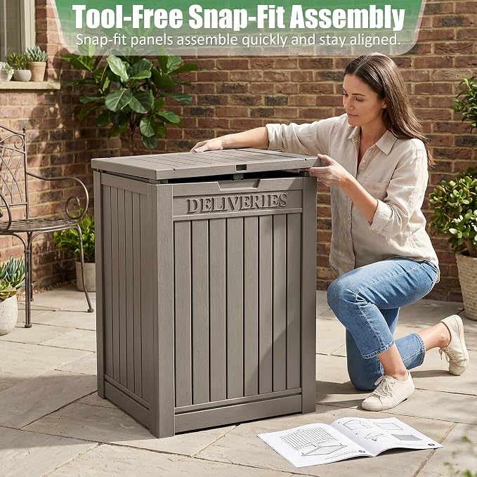 EasyUp Package Delivery Boxes for Outside, 55 Gallon Outdoor Storage Deck Box Parcel MailBox Drop Secure Resin Lockable UV Resistant Waterproof Mail Porch Patio Grey