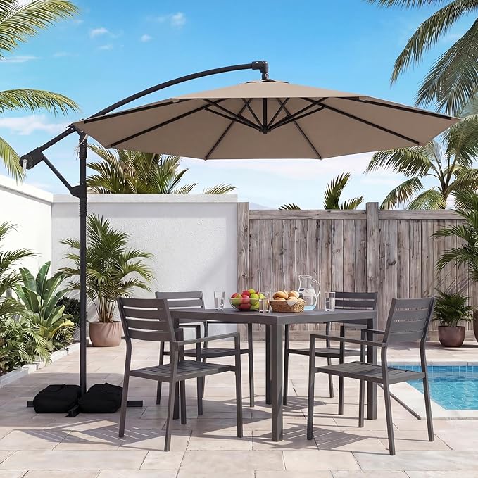 Tangkula 10ft Patio Umbrella with Base Included, Offset Cantilever Outdoor Umbrella with 360 Degree Rotation, Crank Handle, Sun-Protective Canopy for Pool Deck Garden Backyard (Tan)