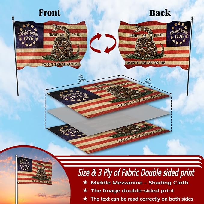 Dont Tread On Me Flag 3x5 Ft Outdoor Double Sided 1776 We The People Retro American Flag Heavy Duty 3 Ply Polyester with 2 Brass Grommets for Outside Indoor House Patriotic Banner Yard Sign Decor