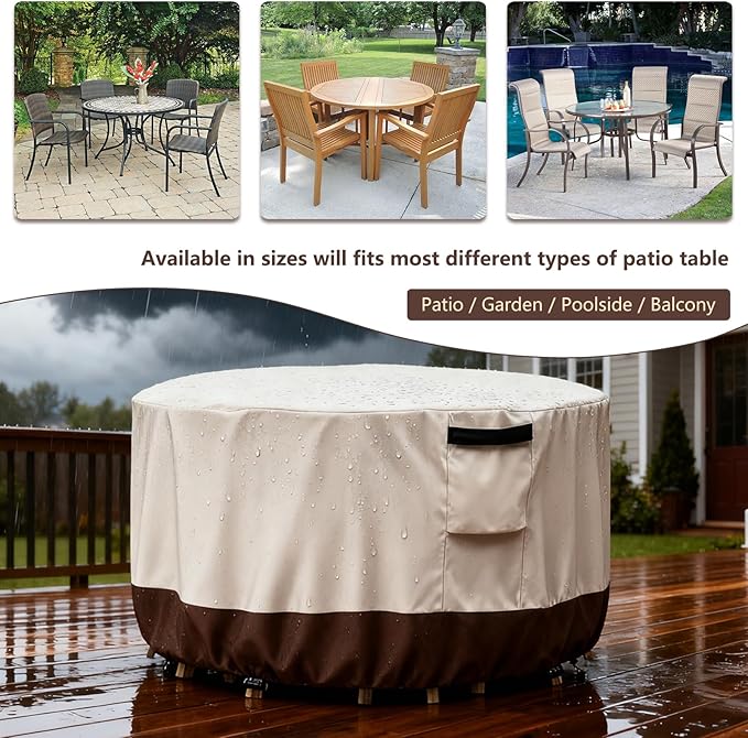 Outdoor Round Table Cover Waterproof Patio Furniture Covers,Patio Round Table Chair Set Covers - 42" Dia x 34" H (Beige & Brown)