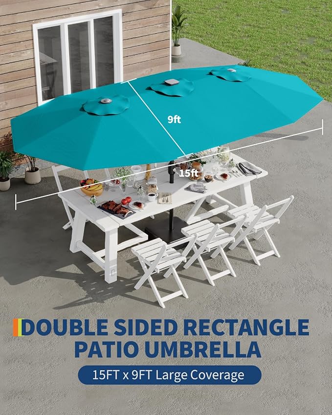 GarveeLife 15 ft Large Patio Umbrella with Lights, 36 LED Lights Double-sided Patio Umbrella with Weighted Base for Poolside Garden Backyard