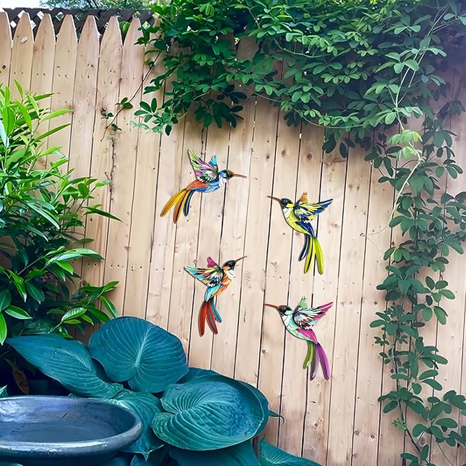 4 Pack Metal Hummingbird Wall Art Decor, 3D Colorful Birds Outdoor Sculpture for Garden Fence, Backyard, Outdoor Wall, Patio and Balcony, Great Gifts for Family Friends