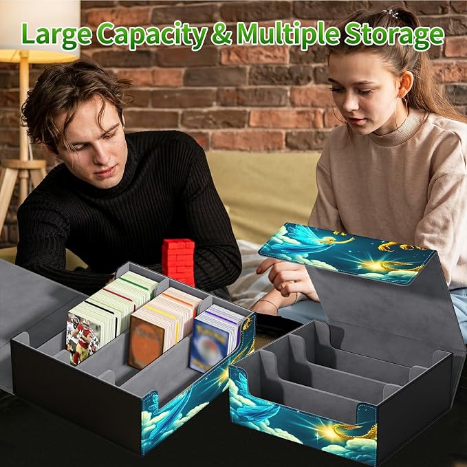 Card Deck Box for MTG, Cards Storage Box Fits 120+ Sleeved, Leather Big Size Strong Magnetic Closing Case for Board Games Magic TCG CCG Baseball Collection Women Man, Yellow Dragon Girl