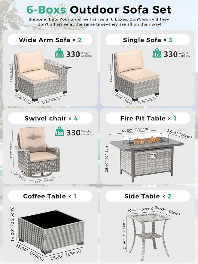 13 Piece Outdoor Wicker Rattan Sectional Sofa Set with Swivel Chairs & Fire Pit Table, 9-Seats with 4" Thickened Cushions & Coffee Table, All-Weather PE Rattan for Garden, Backyard, Porch, Beige