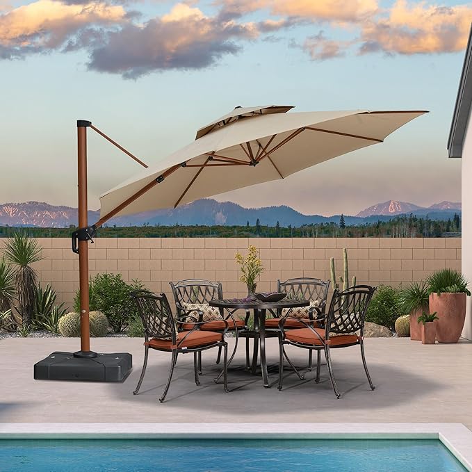 PURPLE LEAF 13ft Patio Cantilever Umbrella Double Top Outdoor Round Umbrella Heavy Duty for Garden Deck Pool Patio, Heather Beige