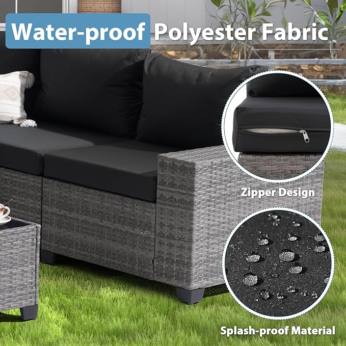 JOIVI 6 Piece Outdoor Patio Furniture Set - Wicker Sofa with Coffee Table, Powder-Coated Frame & Handwoven PE Rattan for All-Weather Durability, Ideal for Parties