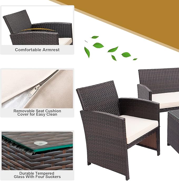 HAPPYGRILL Set of 4 Rattan Conversation Set Outdoor Wicker Furniture Set with Tempered Glass Coffee Table, Soft Cushions, Weather-Resistant Rattan Chair Set for Garden Backyard Poolside