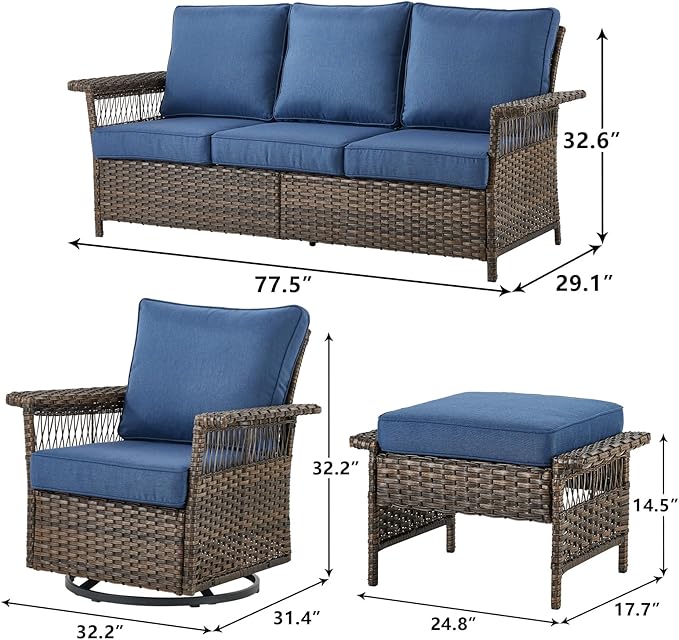Outdoor Wicker Patio Furniture Set - 5 Piece Rattan Patio Conversation Sets with 2 Rocking Swivel Chairs,2 Ottomans and 1 Sofa for Porch Deck Garden(Brown/Blue)