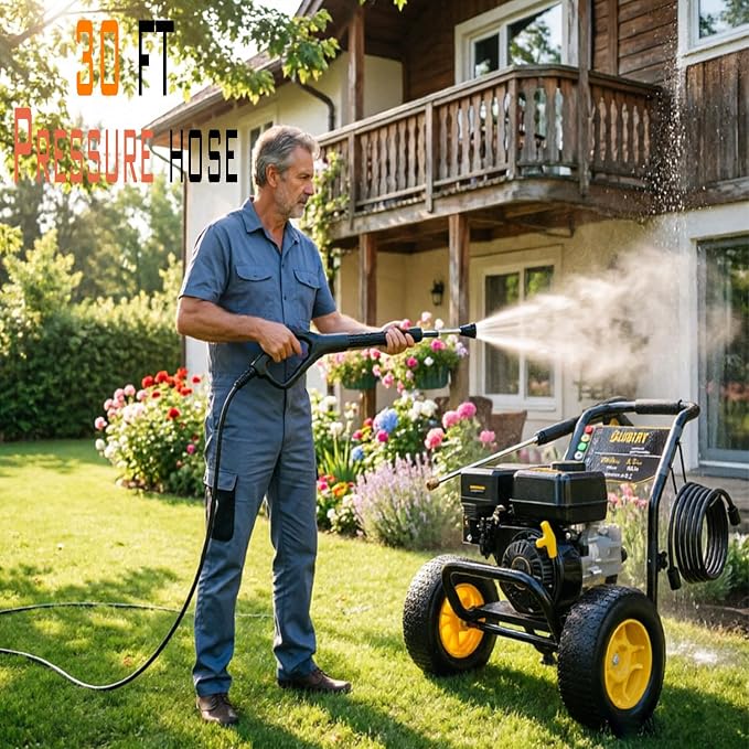 BLUBERY Gas Pressure Washer, 3600 PSI Pressure Washer，2.7 GPM Heavy Duty Power Washer, 30 feet Pressure Hose&Soap Tank,4-Stroke OHV 212cc Engine,Portable Industrial Style,Black