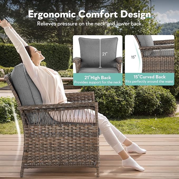 4 Pieces Wicker Patio Furniture Set - Hollow Widen Armrests Comfy Outdoor Rattan Chairs with Ottomans, Small Patio Convention Set for Balcony Porch Deck and Yard - Brown/Gray