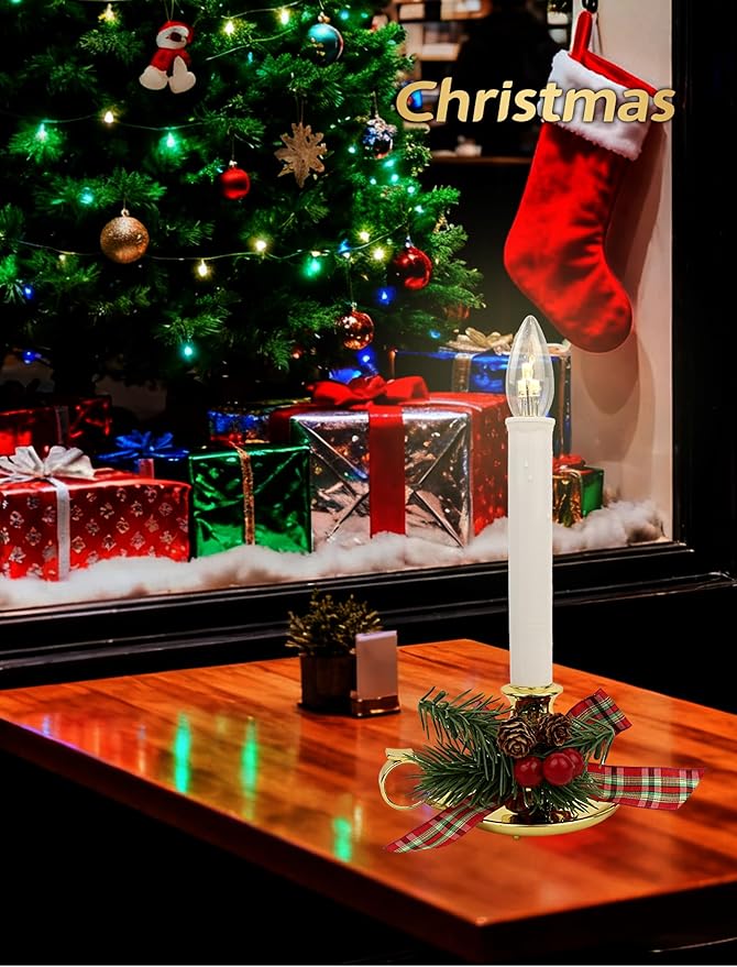 Set of 4 Decorated Christmas Window Candles, Gold Handle Base & Festive Berries for Holiday Home Décor (Batteries Not Included，Features a Built-in Automatic Timer)