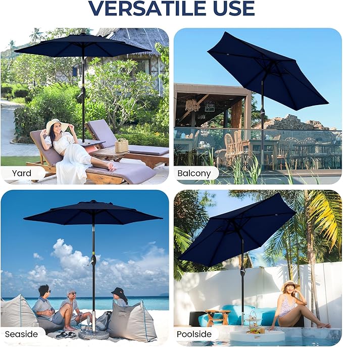 SUNVIVI OUTDOOR 7.5' Outdoor Patio Umbrella, Patio Umbrella, Market Umbrella, Aluminum Pole Umbrella with Push Button Tilt and Crank, 6 Ribs, Polyester Canopy, Navy Blue