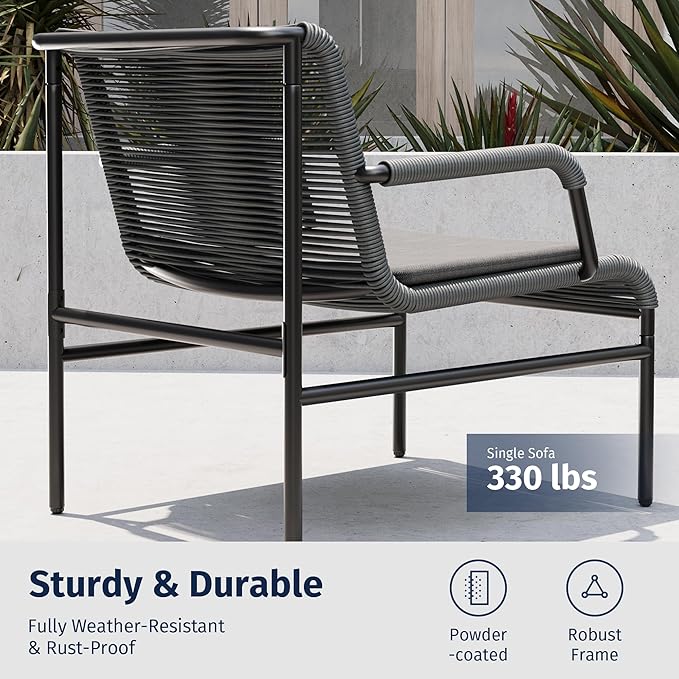 East Oak 3-Piece Patio Furniture Set, Outdoor Bistro Set with PE Rattan Wicker Wide Chairs, Soft Pads & Coffee Table, Modern All-Weather Wicker Patio Set for Garden and Porch, Misty Grey