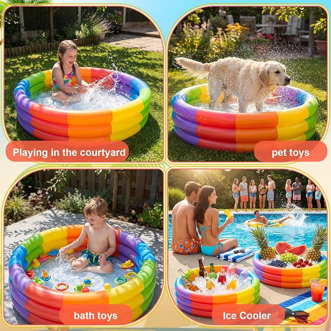 VioraWhite 4 Pack Inflatable Kiddie Pool for Toddlers 34"x10" Rainbow Blow up Kids Swimming Pool Small 3 Rings Round Baby Pools for Indoor Outdoor Water Game Play Center